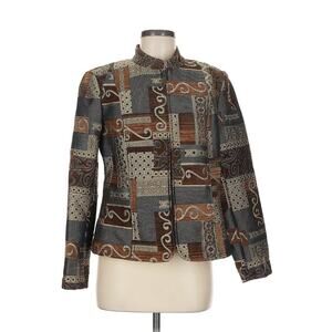 Dressbarn Patchwork Tapestry Jacket Boho Retro Zip Front Earth Tone Women's Med